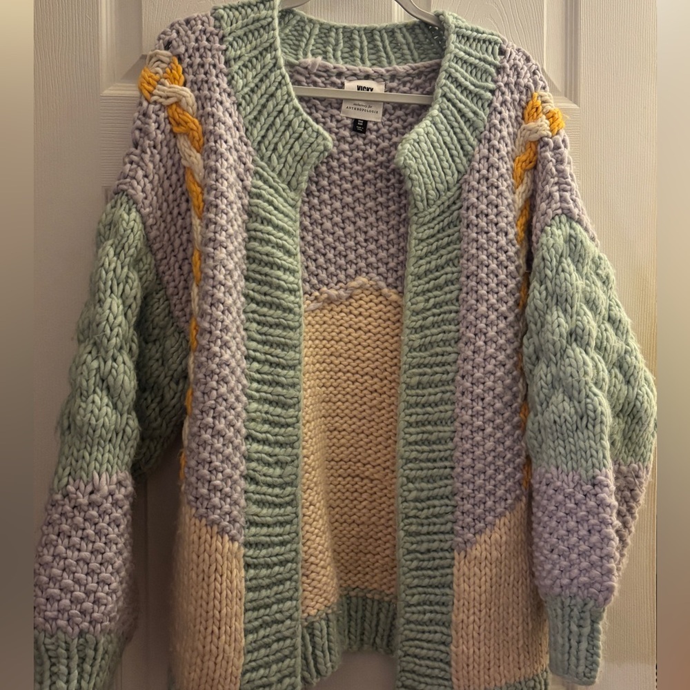 Vicky Knits pastel patchwork cardigan for Anthropologie